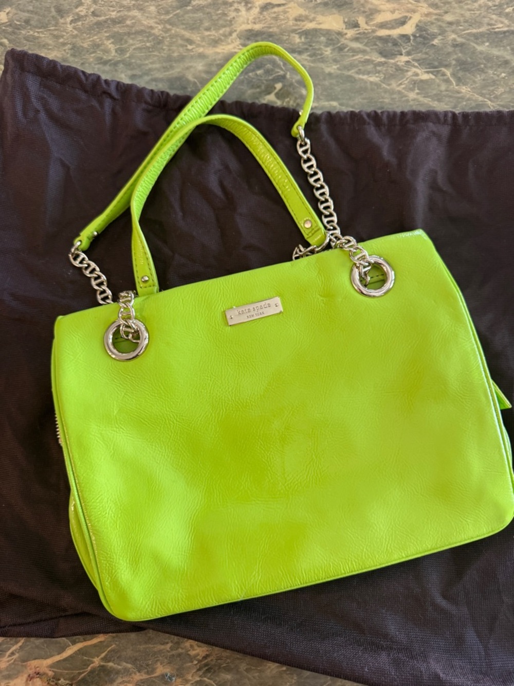 kate spade neon lime leather shoulder tote with chain straps